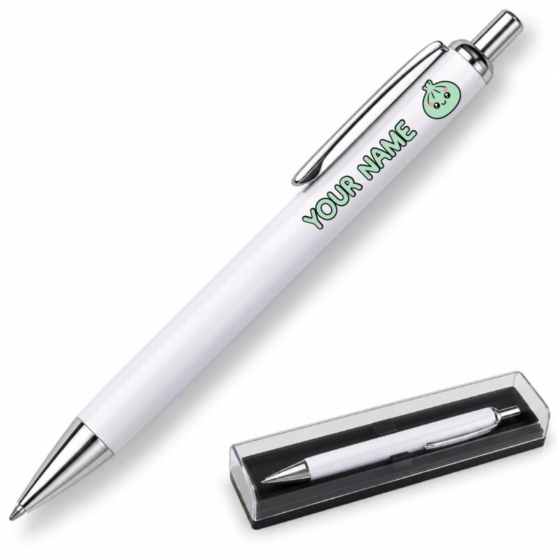 Green kawaii dumpling on a white metal ballpoint pen, clear presentation case