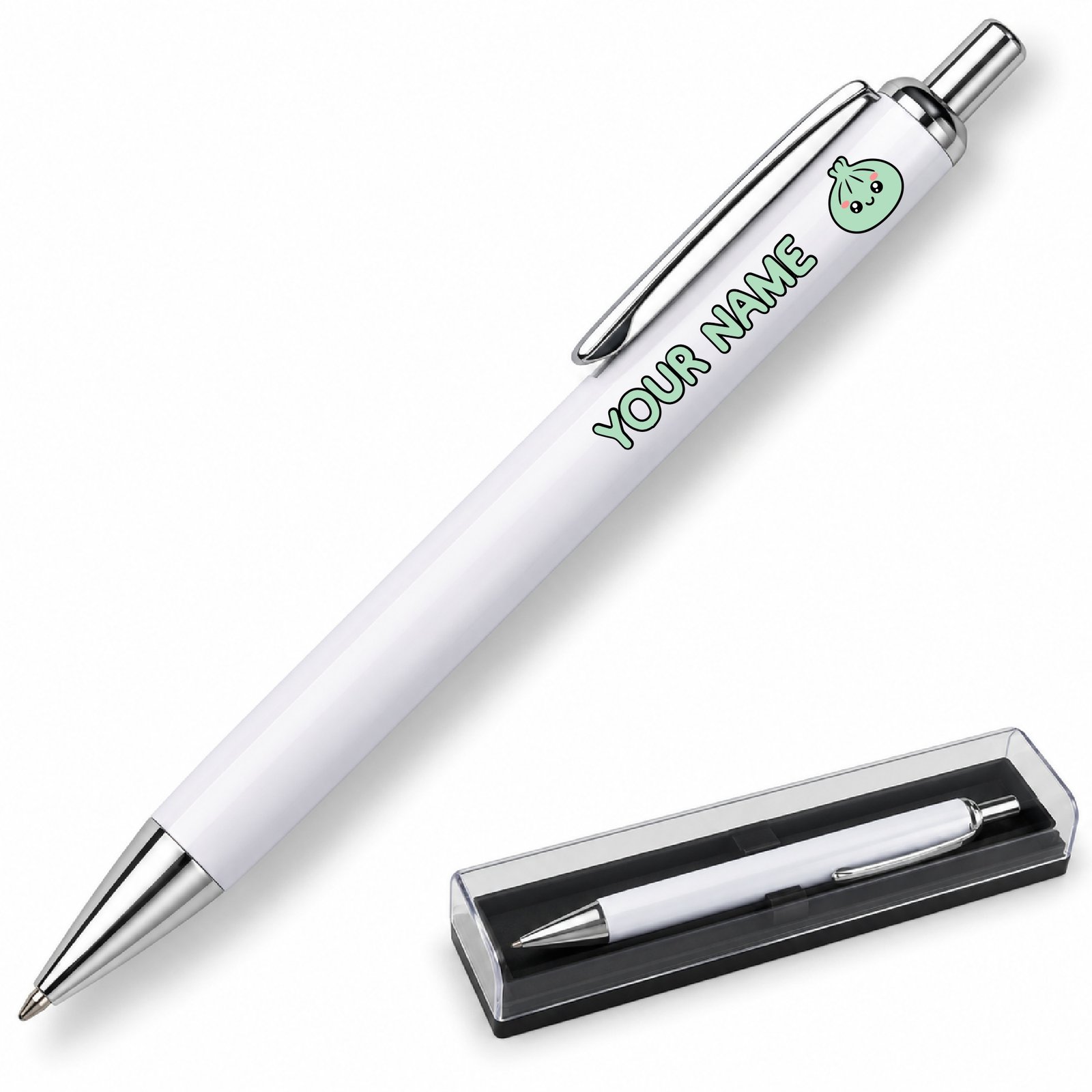 Green kawaii dumpling on a white metal ballpoint pen, clear presentation case