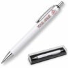 Pink kawaii dumpling on a white metal ballpoint pen, clear presentation case