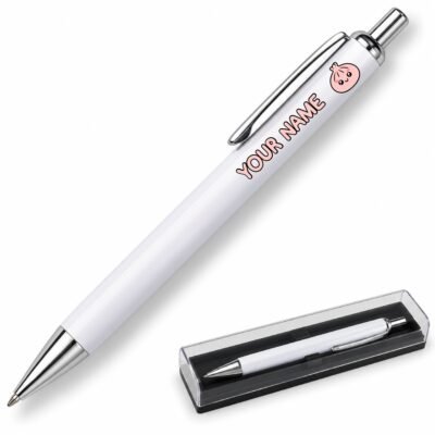 Pink kawaii dumpling on a white metal ballpoint pen, clear presentation case