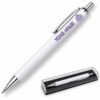 Purple kawaii dumpling on a white metal ballpoint pen, clear presentation case