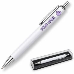 Purple kawaii dumpling on a white metal ballpoint pen, clear presentation case