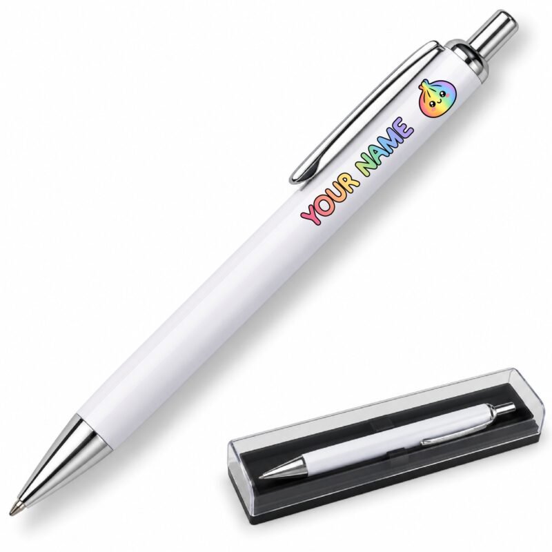 Rainbow kawaii dumpling on a white metal ballpoint pen, clear presentation case