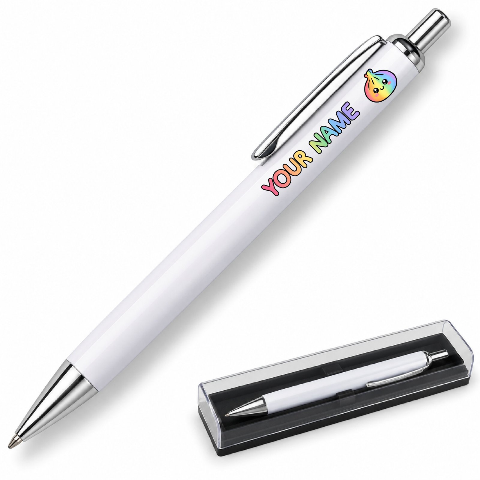 Rainbow kawaii dumpling on a white metal ballpoint pen, clear presentation case
